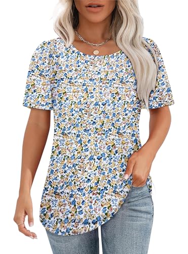 Chicrise Tshirt Damen Sommer Kurzarm Pleated Rundhals Oberteile Elegant Puffärmel Lässig Bluse