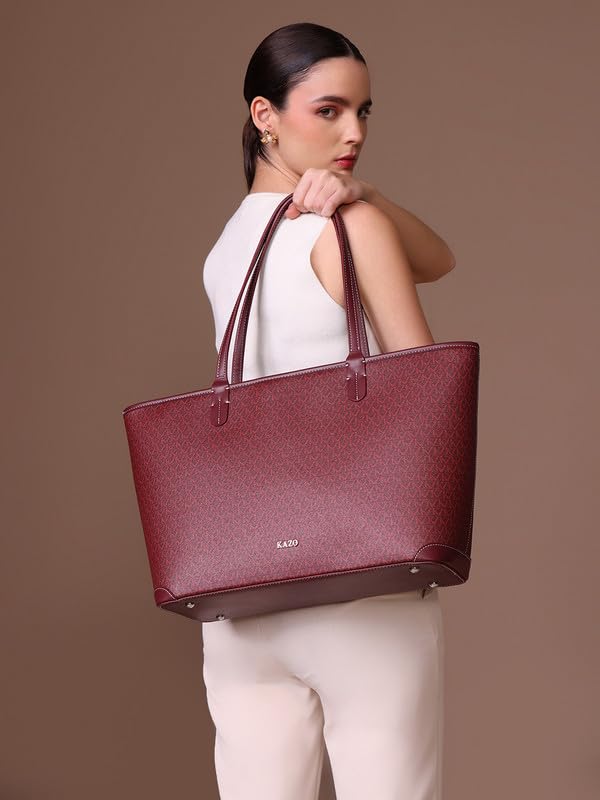 Image of Kazo Marcelle Tote | Premium Faux Leather Handbag for Women | Spacious Printed Shopper with All-Over KZ Logo | Fits 15 inch Laptop