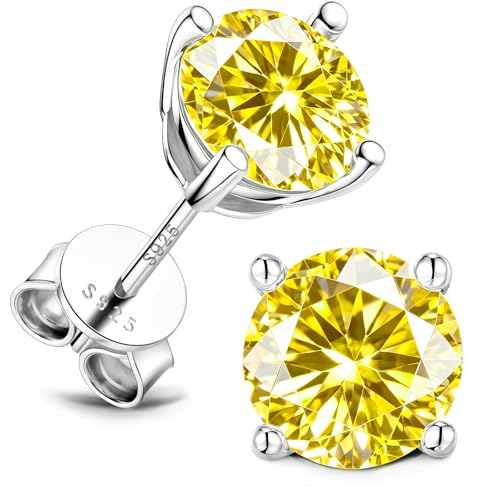 Lyniuoy November Birthstone Stud Earrings Citrine Golden Yellow Birthday Gifts With Gift Box 18K White Gold Plated 925 Sterling Silver Hypoallergenic Flat Back Stud For Sensitive Ear 5mm 0.5ct X2
