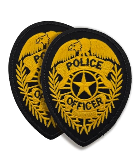 Police Officer Badge Patch Shield Shaped Embroidered Patch Gold on Black 2-Pack Uniform Costume Tactical Gear 3.75 x 2.75 Inches