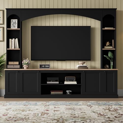 Image of JIJIWANG 91 inch Arched Entertainment Center with Bookshelf for TVs Up to 70 inch, Large Wall Unit Tv Stand with Storage Adjustable Shelves Doors for Living Room Black