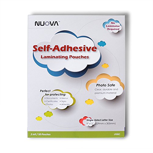 Nuova LP50C Premium Self-Adhesive Laminating Pouches, 9" x 12" Letter Size, 3 mil, 50-Pack, Single Sided