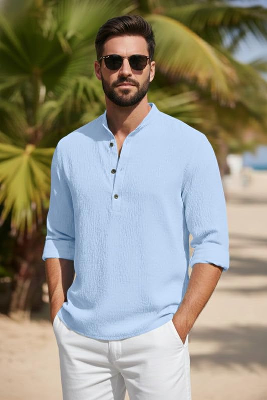 Image of Men's Cotton Blend Short Kurta with Collared Neck Full Sleeves Solid Pattern Western Style Regular Fit and Standard Length