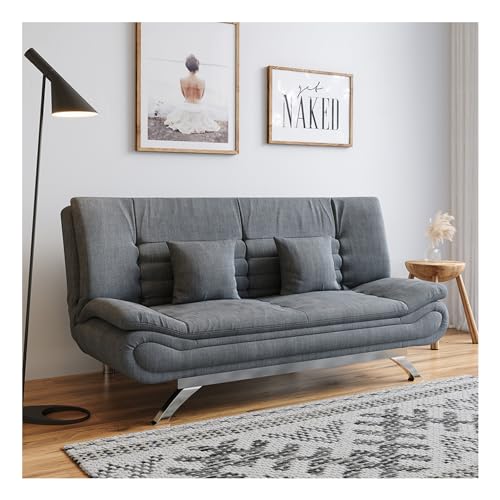 INMOZATA Linen sofa bed double 188cm bed settees double 3 seater click clack sofa bed Convertible sofabed with 2 Pillows for Living Room Bedroom,188cm x 88cm x 85cm (Grey)