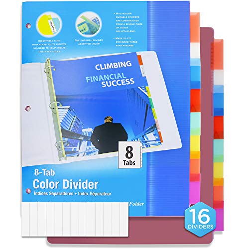 3 Ring Binder Dividers with 8 Insertable Color Tabs, Helps to Organize Documents in Single File Folder, Perfect for School, College, Kids and Adults - by Emraw (Pack of 16)