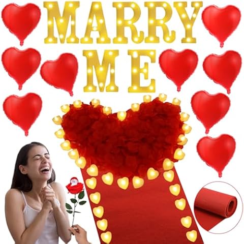 Marry Me Light Up Letters Proposal Decorations Marry Me Sign 24 LED Candles 2000 Rose Petals 10 Foil Balloon 10ft Carpet Runner Rose Ring Box for Valentine's Day Wedding Proposal Engagement (Warm) Cover