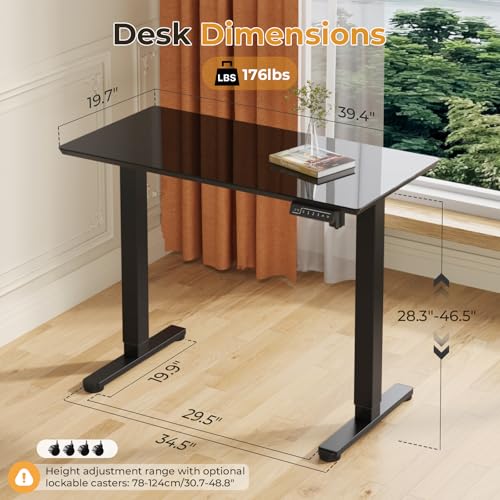 Image of JOY worker Small Electric Standing Desk, 40 inch x 20 inch Whole Glass Piece Height Adjustable Desk with Memory Controller, Sit to Stand Desk Workstation for Home Office, Black