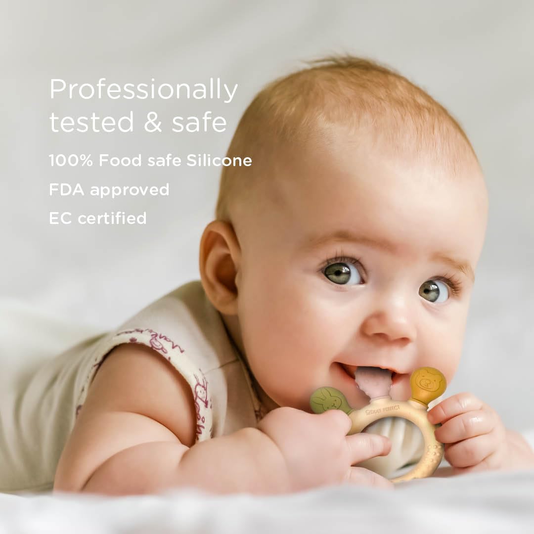 Baby Teething Ring with 5 Textured Prongs - BPA Free Silicone Teether Toy, Brown/tan and coloured tips - Image 4