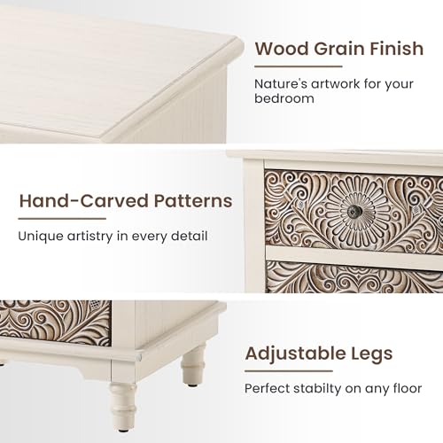 Image of HOMPUS White Nightstand with Drawer & Storage, Fully-Assembled Flower Motif Night Stand for Small Spaces, 2 Drawer End Table with Storage for Living Room, Bedroom, Distress White