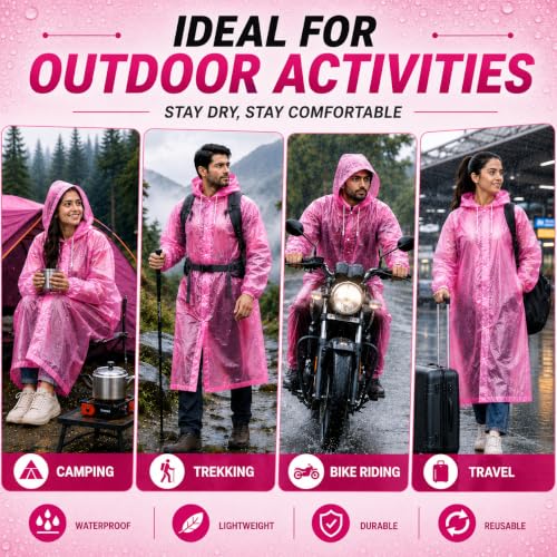 Image of Full Length Waterproof Raincoat for Men & Women | Hooded Transparent Rain Wear with Sleeves | Reusable Long Rain Jacket for Bike Riding, Travel, Camping & Monsoon Protection