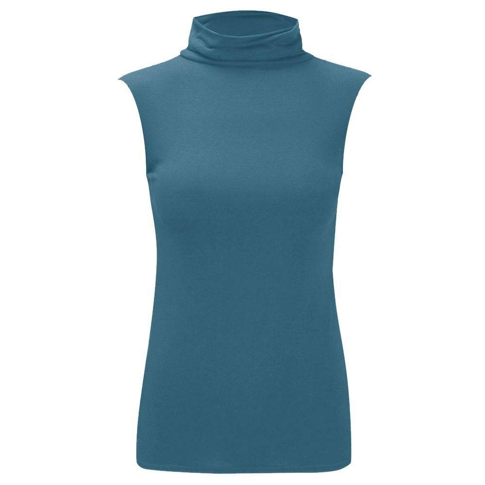 janisramone Womens Ladies Turtle Polo Neck Sleeveless T-Shirt Plain Casual Stretchy Bodycon Vest Tee Top Teal