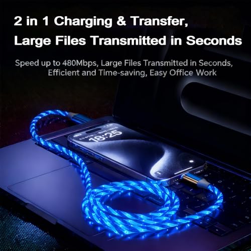 Image of AYI USB C to A Charging Cable 3.3ft, LED Glowing Starry Sky Light-Up Cord, PVC Tangle-Free Fast Charging Cable with Smart Chip, Data Transfer Sync Cord for USB-C Devices, Blue.
