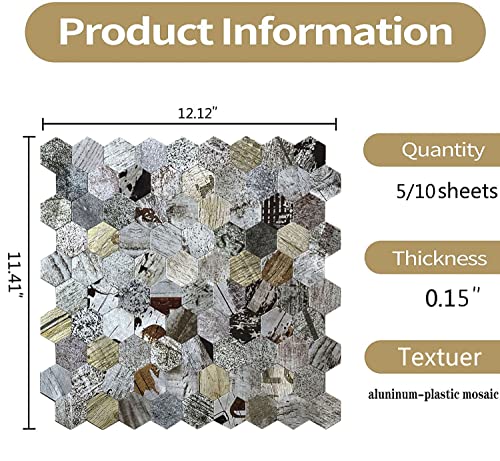 Xuaniny 5-Metal Peel And Stick Backsplash Tiles, Aluminum Mosaic Sticker For Kitchen Wall Decor Hexagon Design Frosted 3D Wall Sticker(11.02"X11.5") (Metal Print) #TOP2