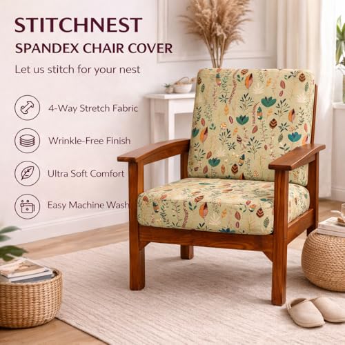 Image of STITCHNEST 'Contour Fit Series' Stretchable Printed Wooden Sofa Cover (Pack of 2) - Elastic Wooden Chair Cover | Wooden Sofa Seat Cover | Size - 20-21 x 20-21 x 3-5 in