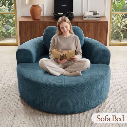 Image of Trustyue Boneless Couch,Comfy Fluffy Sofa Bed,Upholstered Sleeper Sofa with Cup Holder and Throw Pillows,Corduroy Plush Cloud Lounge Chair (Blue, Waffle Polyester)