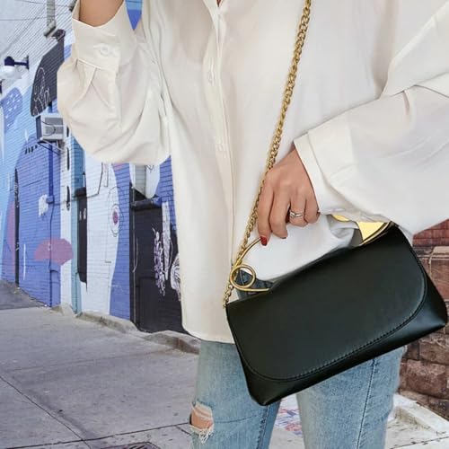 Women's Vegan Leather Handbag with Safety-Pin Design, Gold Hardware & Detachable Crossbody Strap – Compact & Elegant Zippered Closure Purse for Day to Night Use (Black)3