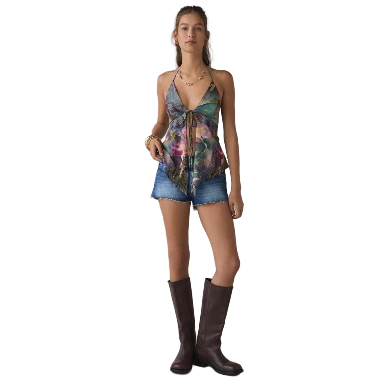 JCVBN - Camiseta estilo bohemio para mujer, con lazo frontal, estampado de verano, vacaciones, salir, cuello halter, lazo frontal, estampado, dobladillo asimétrico, vacaciones, poliéster