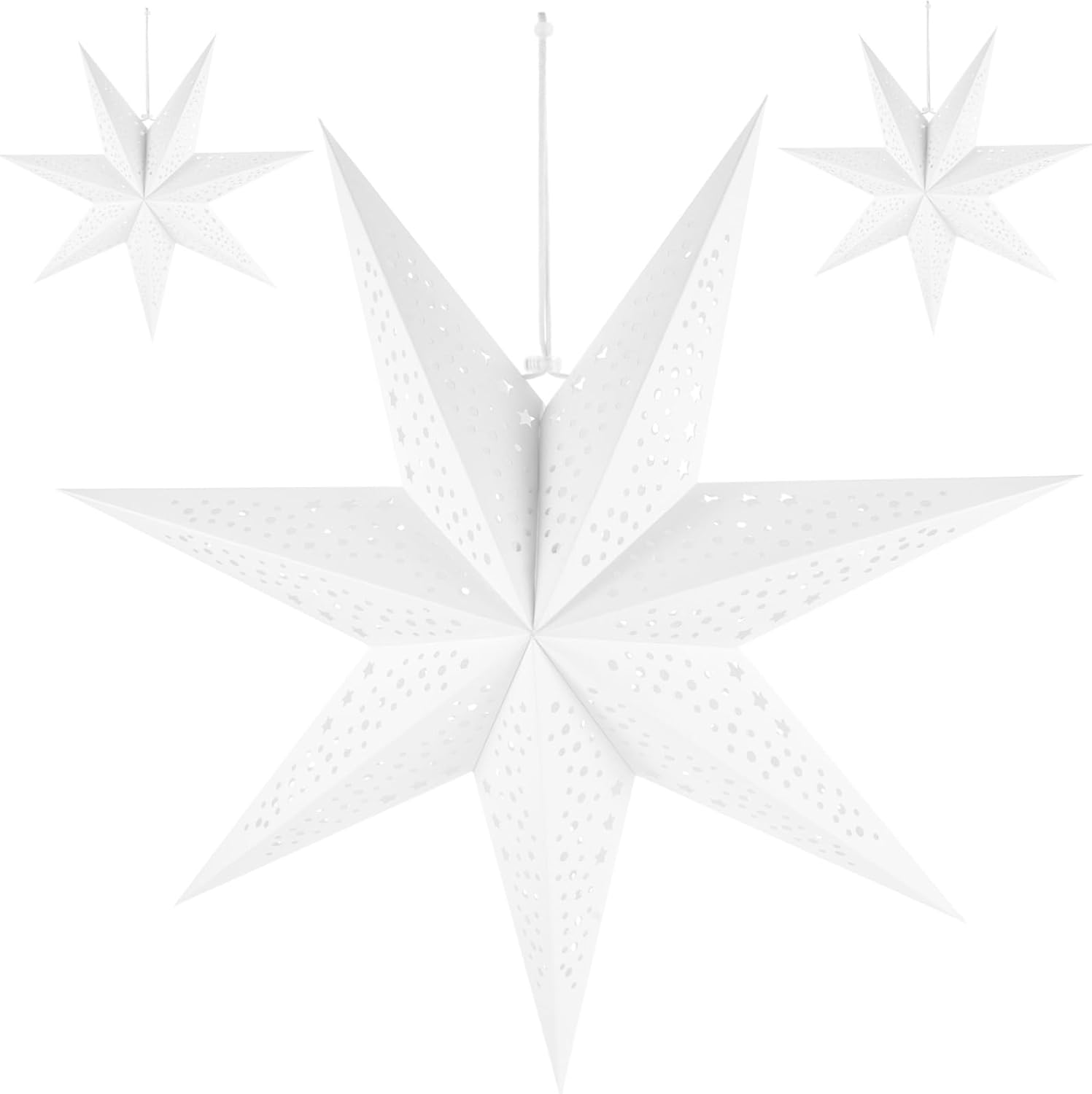 DOITOOL 3Pcs Paper Star Lanterns, 20 inch Large Paper Star Christmas Hanging Decorations Light, Hanging Lamp Shade for Wedding Birthday Christmas Party-White