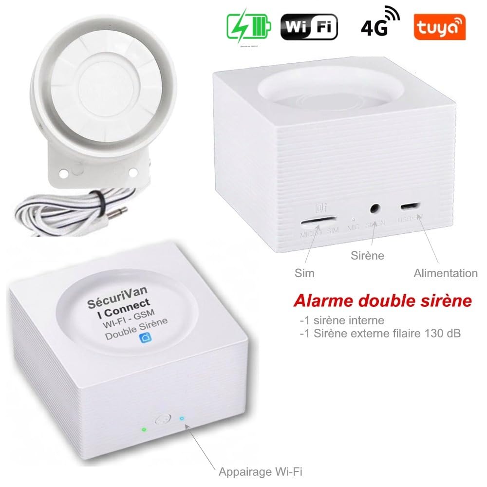 Nouveau - Alarme de Camping Car - WiFi - avec Télé Surveillance 24h/24h – 1 Camèra de Surveillance - 2 Sirènes 125 DB - 5 Détecteurs d'ouvertures - 1 détecteur de Mouvement - 2 Tél