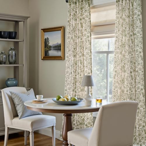 Image of jinchan Linen Floral Curtains for Living Room with Printed Flower 96 Inches Long Light Filtering Farmhouse Window Treatment Vintage Drapes Back Tab Rod Pocket 2 Panels Green on Beige