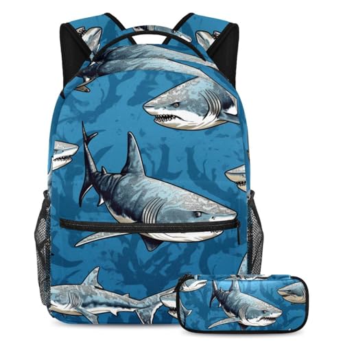 Grand sac à dos d'école bleu mystère océan requins avec compartiments renforcés