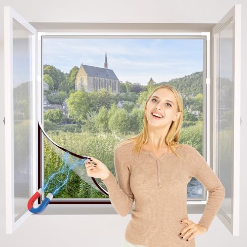 NeatiEase DIY Insektenschutz Magnetfenster,Max 100 x 130 CM,Magnet Rahmen für Fliegengitter Fenster Mückengitter,Fliegenschutz Insektenschutzgewebe Zuschneidbar(weiß Rahmen weiß Netz)