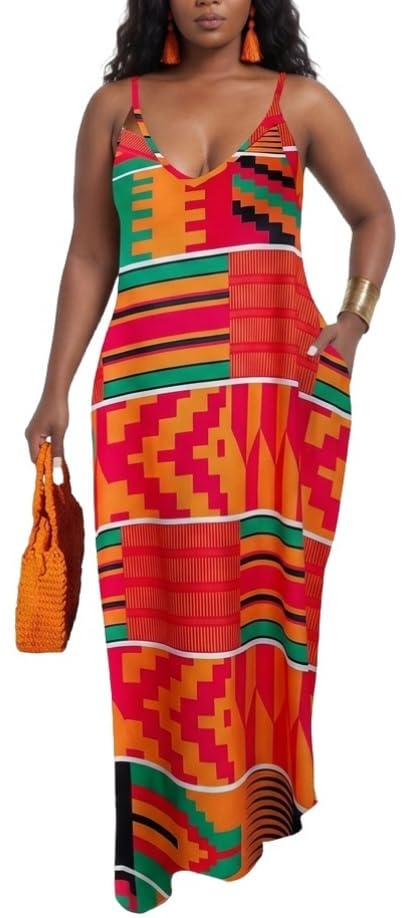Image of Women's Casual Summer Maxi Dresses Sleeveless Adjustable Spaghetti Strap Loose Plus Size Dresses