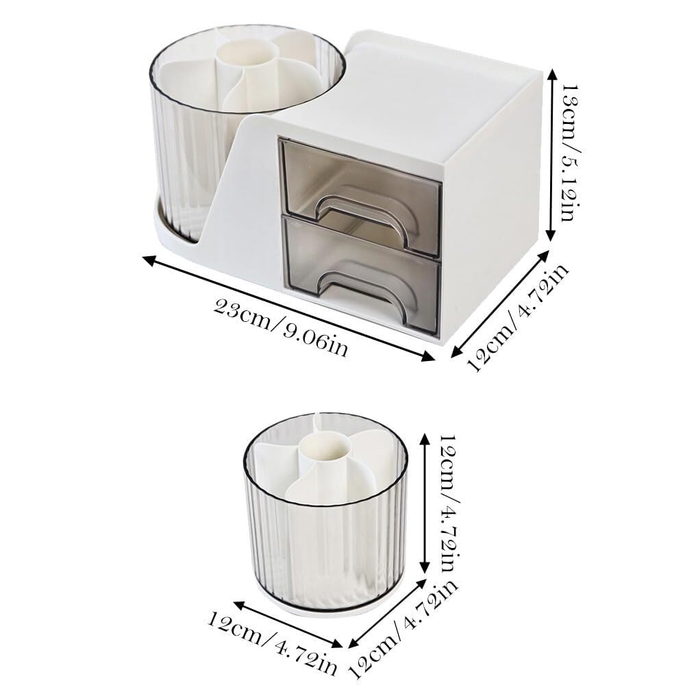 Stifteköcher Stifte Halter Drehbarer Stifthalter, 6 Fächer, 2 Schubladen, Schminktopf For Büro, Zuhause, Schule Schreibtisch-Organizer(White)