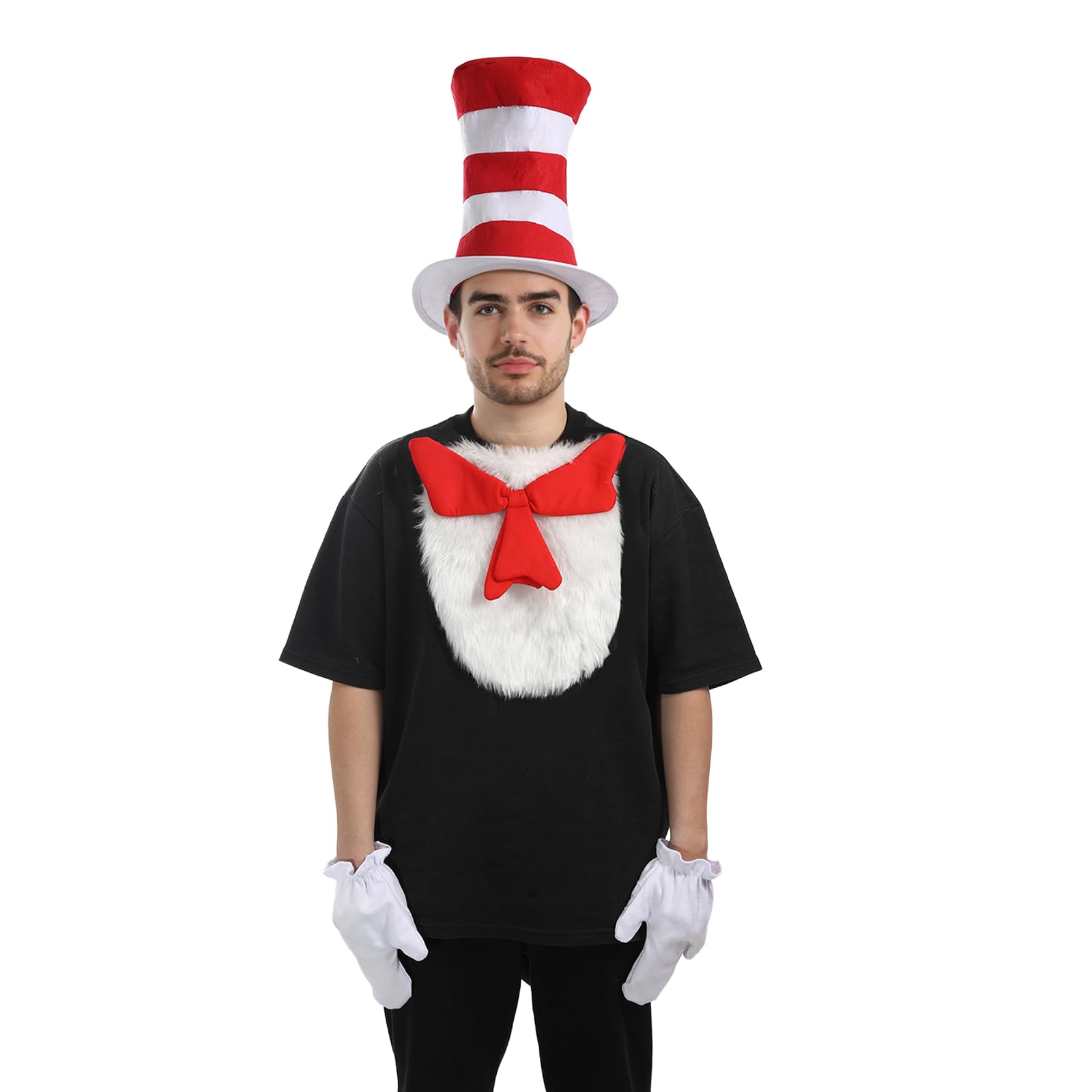 nezababy Cat Hat Costume Adult Red White Striped Top Hats Furry Bowtie Gloves World Book Day Halloween Party Cosplay Accessaries - Image 2