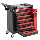 AIRAJ Tool Chest 7-Drawers, Lockable Tool Box on Wheels,Tool Cart with Hidden Side Cabinet, Heavy-Duty Metal Tool Cabinet, for Garages, Workshops, Warehouses,Red and Black