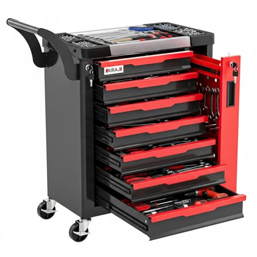AIRAJ Tool Chest 7-Drawers Lockable Tool Box on Wheels Tool Cart with Hidden Side Cabinet Heavy-Duty Metal Tool Cabinet for Garages Workshops Warehouses Red and Black