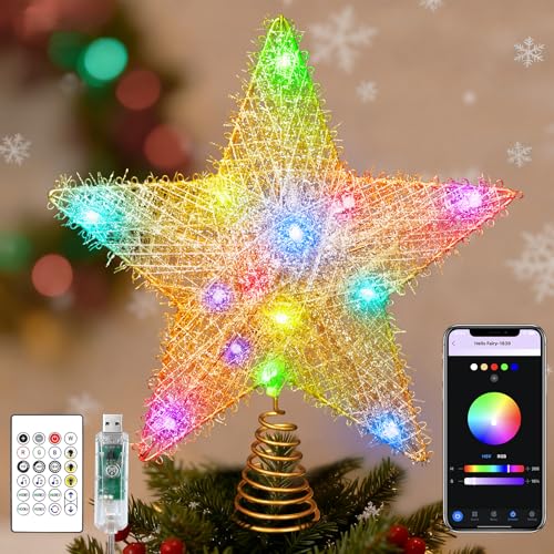 Christmas Tree Topper Star, 9'' Smart Golden Glittered Star Tree Topper with Remote & APP Control, 15 LEDs Metal Hollow Designed Treetop Stars for Xmas Holiday Party Decorations Ornaments by ARIMDOTUL - Used condition - US$6.49