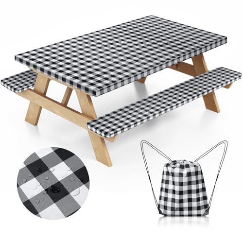 Nimalpal Picnic Table Cover with Bench Covers and Bag, Camping Essentials Camping Table Cover with Elastic Edges, Fitted Rectangle Tables and Seats, 72x30 Inches 3 Pcs Set (Black)