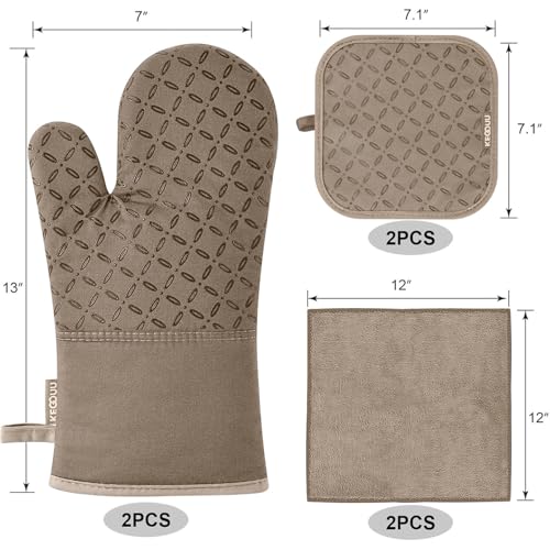 Image of KEGOUU Oven Mitts and Pot Holders 6pcs Set, Kitchen Oven Glove High Heat Resistant 500 Degree Extra Long Oven Mitts and Potholder with Non-Slip Silicone Surface for Cooking (Khaki)