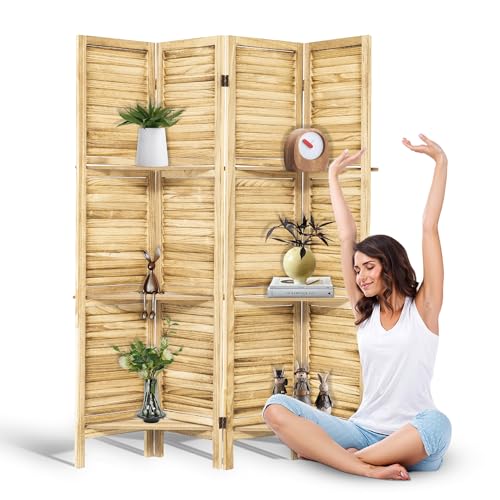 Lyngins 4 Panel Room Divider with Shelves, 5.6FT Folding Room Divider Screen, Free Assembled Freestanding Partition for Home Office Bedroom, Wood