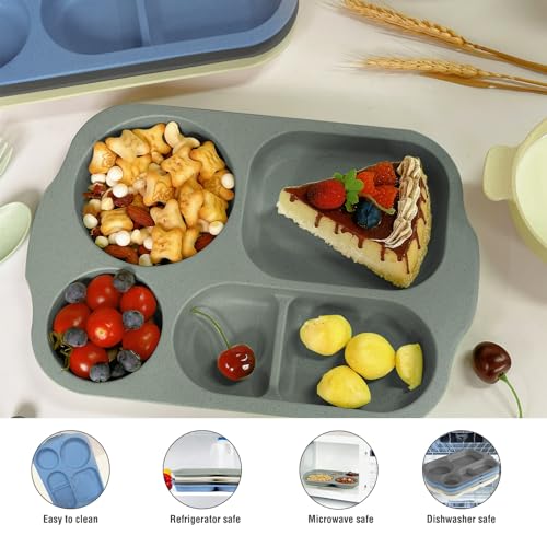shopwithgreen Wheat Straw Dinnerware Cutlery Set, 20 PCS Kids Toddlers Divided Plates and Bowls Sets, Microwave Unbreakable Tableware Spoon Knife Cup, Dishwasher Safe for Kitchen Picnic School - image 3