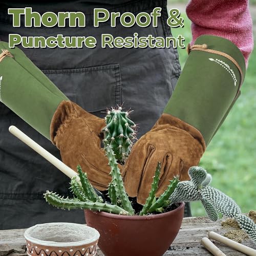 Image of HANDLANDY Rose Pruning Gloves for Men Women, Thorn Proof Gardening Gloves | Long Leather Gardening Gloves, Breathable Leather Gauntlet, Best Garden Gifts & Tools for Gardener (Moss Green, L)
