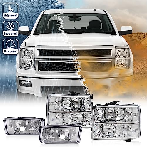 Image of GRAND ORANGE Headlights & Fog Lights Set HeadLamp Compatible with Chevy Silverado 1500 2007-2013 / Fit Chevy Silverado 2500 3500&HD 2007-2014 Driver and Passenger Side Chrome Housing Clear Lens Corner