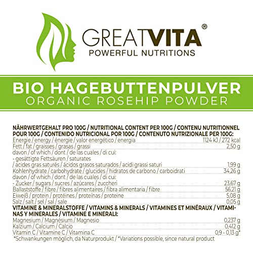Foto von GreatVita Bio Hagebuttenpulver 1000g | Schonend gemahlenes Pulver aus 100% Bio Hagebutten | Reich an Vitaminen, Ballaststoffen & Mineralstoffen | Fruchtig-säuerlicher Geschmack Ideal für Smoothies