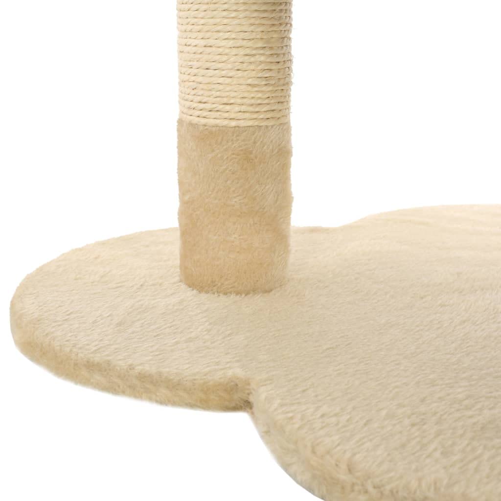 Katzenkratzbaum mit Sisal-Kratzstange 50 cm Beige Braun, Kleiner Katzenbaum mit Kuschelbett, 2 hängenden Bällen und 3 Blättern, Stabile Basis für Hauskatzen