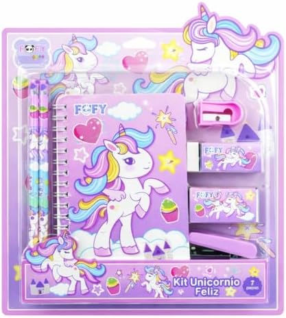 Kit Escolar Unicórnio com 7 Peças, Caderno 20 Folhas 14,5x10cm, 2 Lápis HB, Borracha, Apontador, Grampeador, Caixa de Grampos, Rosa e Roxo, Ideal para Uso diário, ...