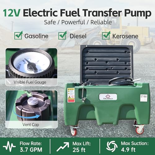 Image of FMCNMech 40 Gallon Portable Fuel Transfer Tank with 12V Electric Pump, 3.7 GPM Flow Rate LLDPE Fuel Tank with Wheels, Gasoline Diesel Kerosene Fuel Storage Tank for Farm, Truck, Boat, and Construction Use