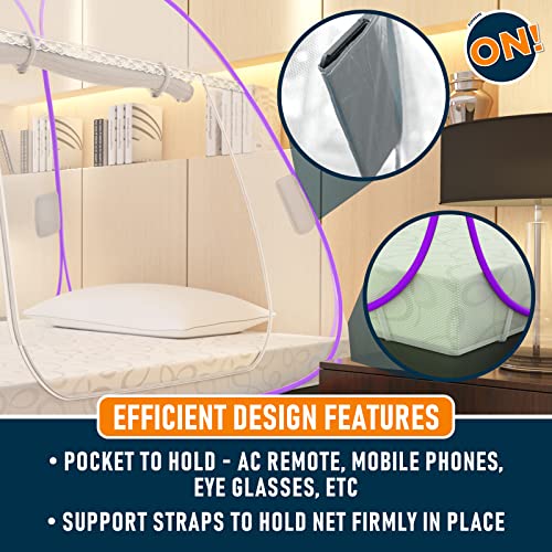 Image of Supreme On Single Mosquito Net with Pocket for Mobile, Spectacles; 6.5 Feet x 4 Feet Premium Machardani, Strong and Durable, 30 GSM, Tent Type, Foldable, Corrosion Resistant (Purple, Single Bed) [200 cm x 130 cm x 140 cm]