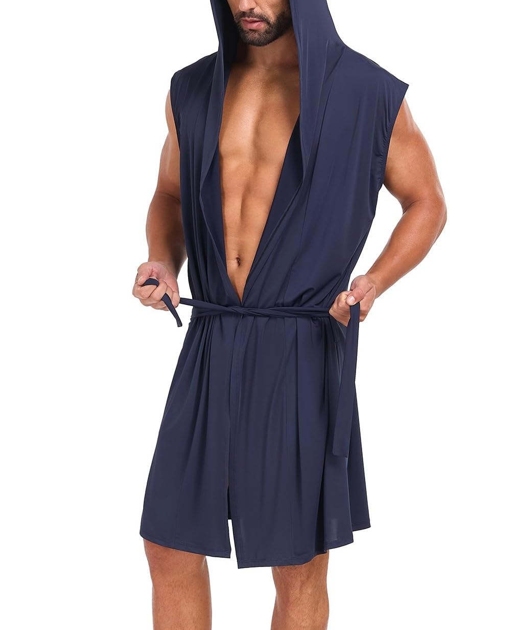 VintageClothing Men's Summer Robe with Hooded Lightweight Bathrobe House Kimono Sleeveless Sexy Sleepwear Pajamas