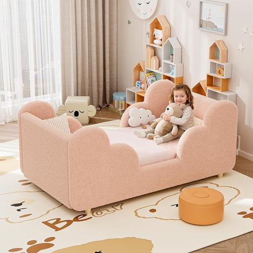 Meulbaty Toddler Bed Frame Toddler Bed Upholstered Low Profile Kids Beds with Safety Guardrails Floor Beds with Wood Slats for Girls Boys Children Aged 3-7 Years Old - Crib Size/Pink