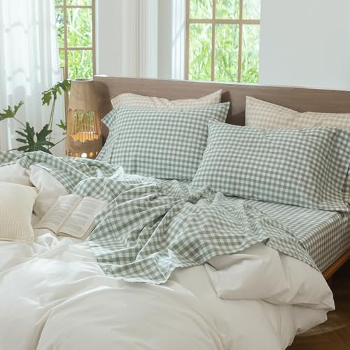 Image of MooMee Gingham Sheet Set 100% Washed Cotton Linen Like Textured Breathable Soft w /Fully Elasticized 16-19 inch Deep Pocket (Classic Gingham Sage Green, Queen)