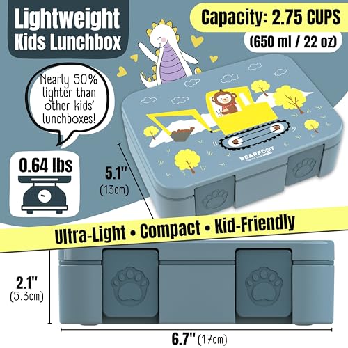 Image of Kids Lunch Box with Compartments - Compact & Lightweight | Leak-Proof, BPA-Free, Dishwasher Safe | Hand-Drawn Design for Preschool, School, Travel (Excavator Monkey Blue, 2.75 Cups)