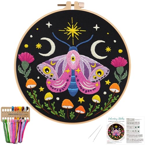 Image of Nuberlic Moth Embroidery Kit for Beginners -Easy Cross Stitch Kits- Complete Embroidery Starter Set with Hoop, Pre-Printed Fabric, Threads & Needles