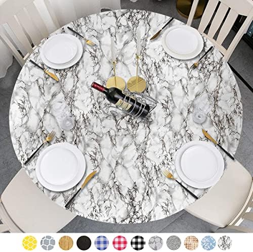mimdmi Table Cloth, Fitted Round Plastic Vinyl Tablecloth with Flannel Backing and Elastic Edge, Waterproof Table Protector for Dining Room Table (White Marble, Small, 36-42inch Diameter(90cm-110cm))