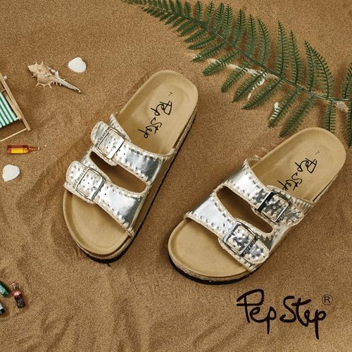 Image of PepStep Slide Sandals for Women with Soft Cork Footbed and Strap, Ladies Fashion Platform Slide Sandals Comfortable Slip On Style